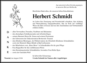 Traueranzeige von Herbert Schmidt von Südthüringer Presse