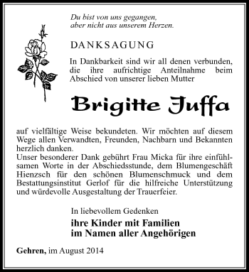 Traueranzeige von Brigitte Juffa von Südthüringer Presse