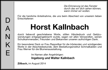 Traueranzeige von Horst Kallnbach von Südthüringer Presse
