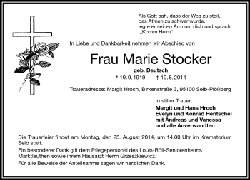 Traueranzeige von Marie Stocker von Frankenpost