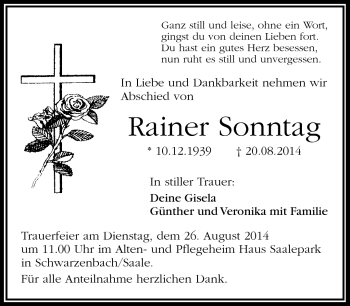 Traueranzeige von Rainer Sonntag von Frankenpost