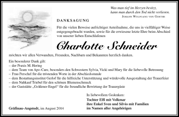 Traueranzeige von Charlotte Schneider von Südthüringer Presse
