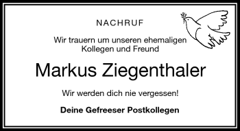 Traueranzeige von Markus Ziegenthaler von Frankenpost