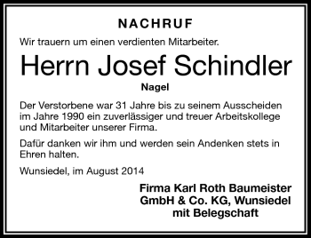 Traueranzeige von Josef Schindler von Frankenpost