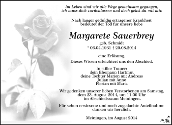 Traueranzeige von Margarete Sauerbrey von Südthüringer Presse