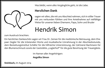 Traueranzeige von hendrik Simon von Südthüringer Presse