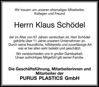 Traueranzeige von Klaus Schödel von Frankenpost