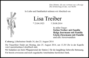 Traueranzeige von Lisa Treiber von Neue Presse Coburg