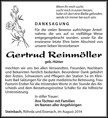 Traueranzeige von gertrud Reinmöller von Südthüringer Presse