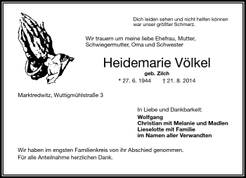 Traueranzeige von Heidemarie Völkel von Frankenpost