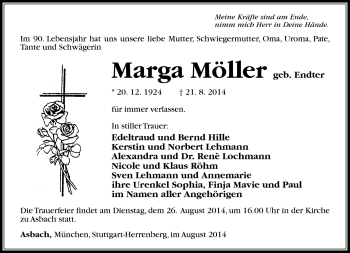 Traueranzeige von Marga Möller von Südthüringer Presse
