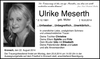 Traueranzeige von Ulrike Meserth von Neue Presse Coburg