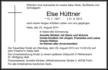 Traueranzeige von Else Hüttner von Frankenpost