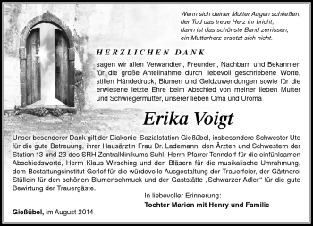 Traueranzeige von Erika Voigt von Südthüringer Presse