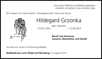 Traueranzeige von Hildegard Grzonka von Neue Presse Coburg