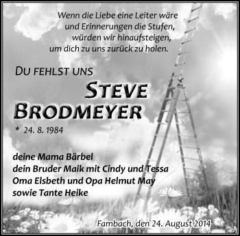 Traueranzeige von Steve Brodmeyer von Südthüringer Presse