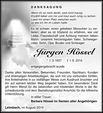 Traueranzeige von Jürgen Hössel von Südthüringer Presse