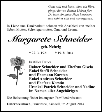 Traueranzeige von Margarete Schneider von Südthüringer Presse