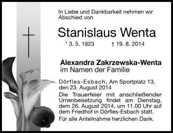 Traueranzeige von Stanislaus Wenta von Neue Presse Coburg