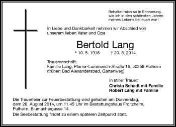Traueranzeige von Bertold Lang von Frankenpost