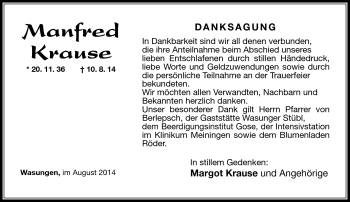 Traueranzeige von Manfred Krause von Südthüringer Presse