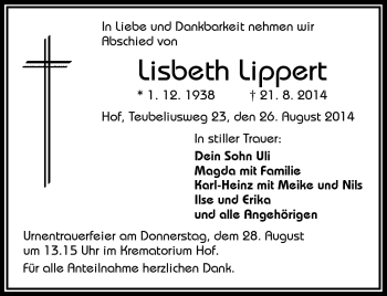 Traueranzeige von Lisbeth Lippert von Frankenpost