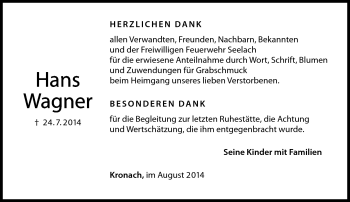 Traueranzeige von Hans Wagner von Neue Presse Coburg