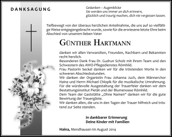 Traueranzeige von Günther Hartmann von Südthüringer Presse