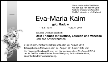 Traueranzeige von Eva-Maria Kaim von Neue Presse Coburg