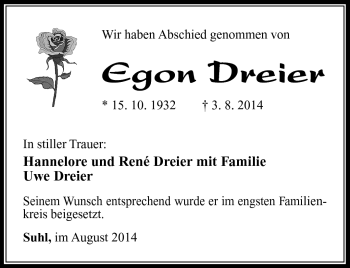 Traueranzeige von Egon Dreier von Südthüringer Presse