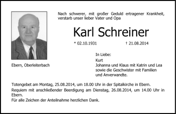 Traueranzeige von Karl Schreiner von Neue Presse Coburg