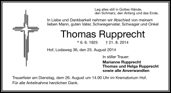 Traueranzeige von Thomas Rupprecht von Frankenpost