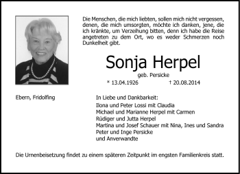 Traueranzeige von Sonja Herpel von Neue Presse Coburg