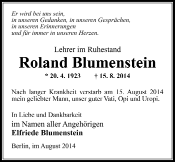 Traueranzeige von Roland Blumenstein von Südthüringer Presse
