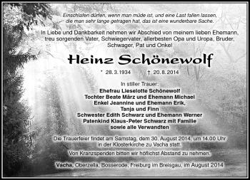 Traueranzeige von Heinz Schönewolf von Südthüringer Presse