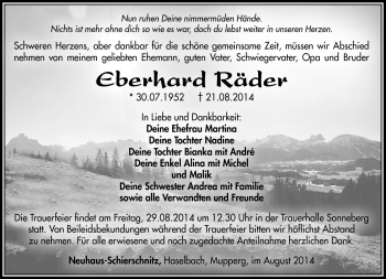 Traueranzeige von Eberhard Räder von Südthüringer Presse