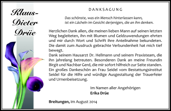 Traueranzeige von Klaus-Dieter Drüe von Südthüringer Presse