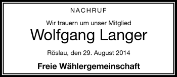 Traueranzeige von Wolfgang Langer von Frankenpost