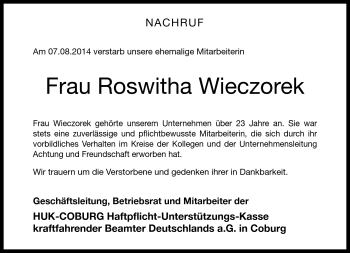 Traueranzeige von Roswitha Wieczorek von Neue Presse Coburg