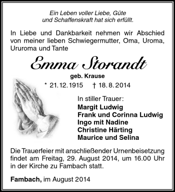 Traueranzeige von Emma Storandt von Südthüringer Presse