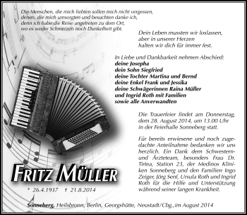 Traueranzeige von Fritz Müller von Südthüringer Presse
