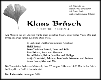Traueranzeige von Klaus Brüsch von Südthüringer Presse