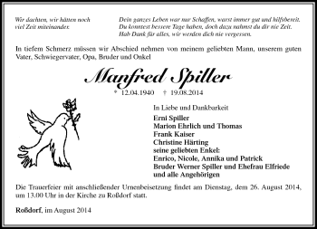 Traueranzeige von Manfred Spiller von Südthüringer Presse