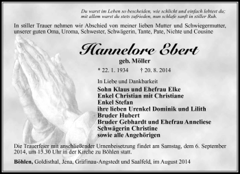 Traueranzeige von Hannelore Ebert von Südthüringer Presse