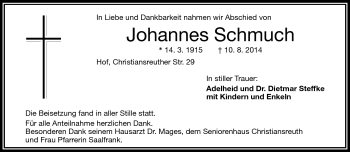 Traueranzeige von Johannes Schmuch von Frankenpost