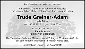 Traueranzeige von Trude Greiner-Adam von Südthüringer Presse
