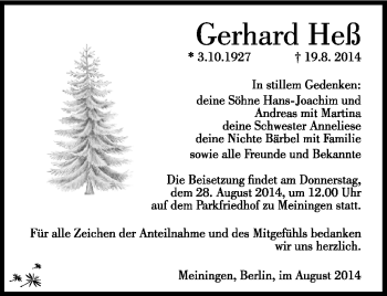 Traueranzeige von gerhard Heß von Südthüringer Presse