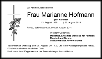 Traueranzeige von Marianne Hofmann von Frankenpost