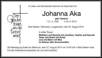 Traueranzeige von Johanna Aka von Frankenpost