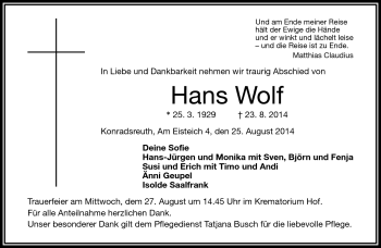 Traueranzeige von Hans Wolf von Frankenpost
